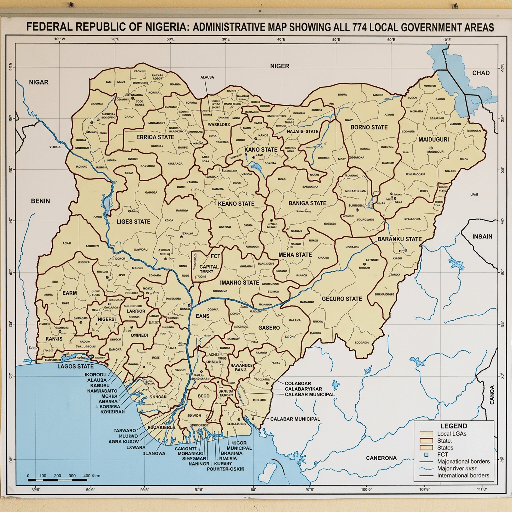 Administrative map of Nigeria displaying all local government areas, states, rivers, and international borders