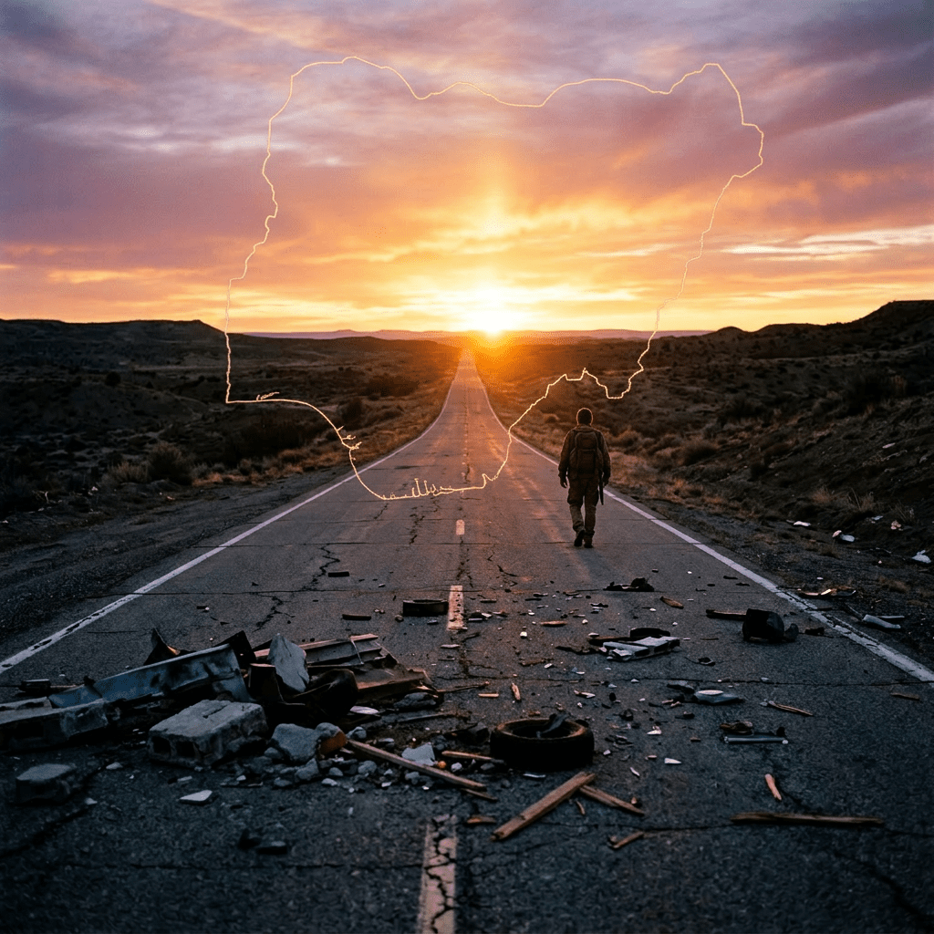 Person walking on cracked road with debris at sunset in a barren landscape