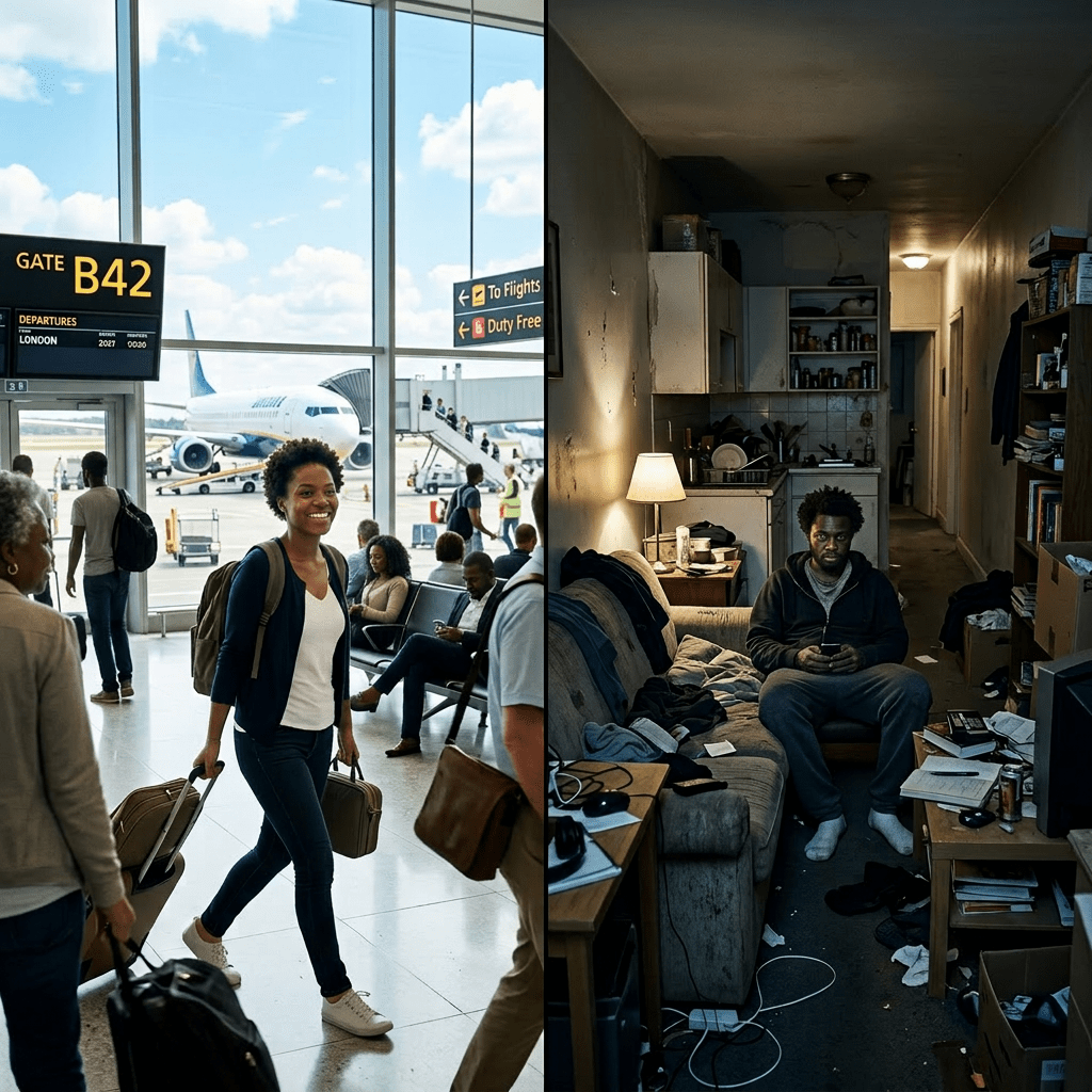 Split image showing a happy woman walking with luggage in an airport and a man sitting alone in a messy room.
